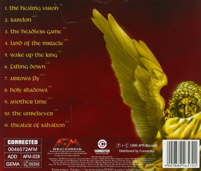 The back of the cover for Theater of Salvation has an angel on it who is depicted as coming to save the world from the forces of evil.