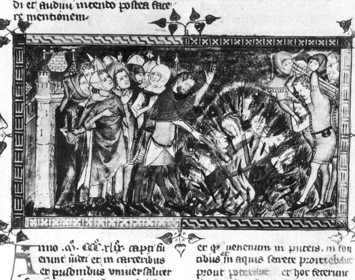 Representation of a massacre of the Jews in 1349 Antiquitates Flandriae (Royal Library of Belgium manuscript 1376/77)