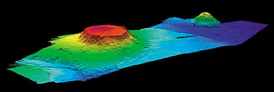 A computer generated image created from bathymetric data, showing the Bear guyot in the foreground and the Physalia seamount behind