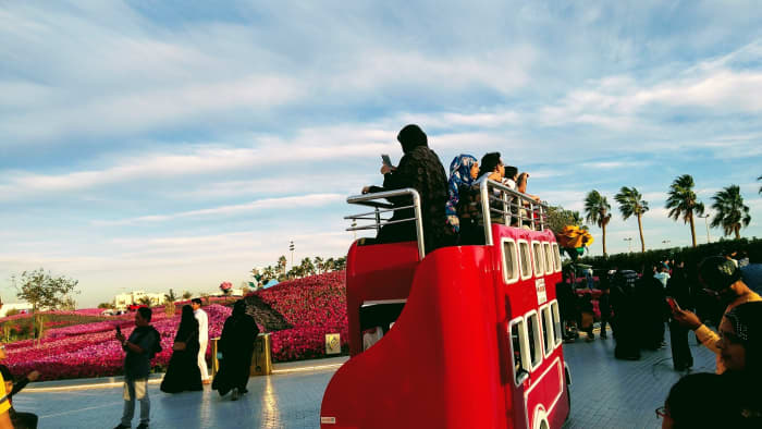 A mini tram at minimal cost of SR20 will take you around to take panoramic shots. #YanbuFlowersFestival2029