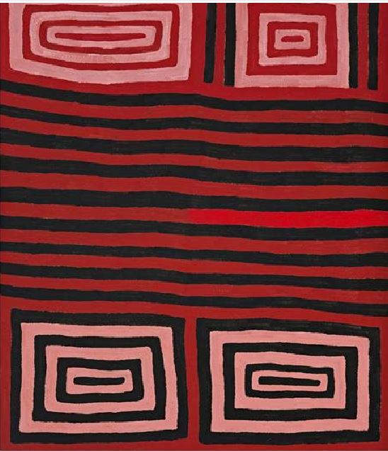 Ronnie Tjampitjinpa, Tingari Cycle at a Site Adjacent to Wilkinkarra, 1994. Synthetic polymer on canvas, 72 1/8 × 60 1/4 in. (183 × 153 cm). Fondation Opale, Switzerland. © Copyright Agency/Artists Rights Society (ARS), New York, 2019.
