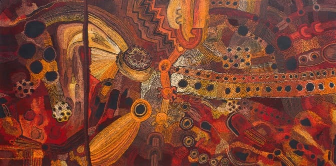 Kanpi Women’s Collaborative: Maringka Baker, Teresa Baker, Kani Tunkin, Pitjantjatjara language group. Minyma Tjutangku Kunpu Kanyini, 2017 Acrylic on Canvas, 59 1/8 x 118 1/8 in. (150 x 300 cm), Fondation Opale, Switzerland. © Kanpi Women’s Collabor