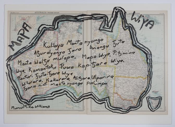 Mumu Mike Williams, Mapa Wiya / We Don’t Need a Map, 2017, Ink and acrylic marker pen on found map, 23 14 x 35 7/16 in. (59 x 90 cm), Fondation Opale, Switzerland.