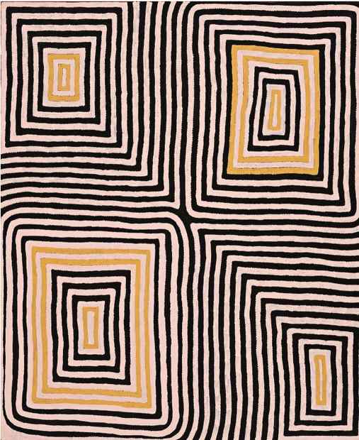 Ronnie Tjampitjinpa, Wilkinkarra (Lake Mackay), 1993, Synthetic polymer on Linen, 71 5/8 x 60 1/4 in. (182 x 153 cm), Fondation Opale, Switzerland