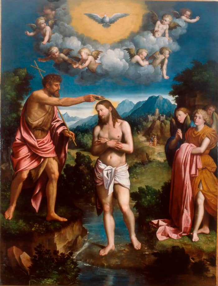 The Baptism of Christ. Here we do not actually see God the Father in the clouds, but the dove, representing the Holy Spirit with Jesus and John the Baptist in the foreground.
