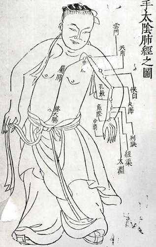 Acupuncture points, drawing from a Chinese manuscript; in the Bibliothèque Nationale de France.