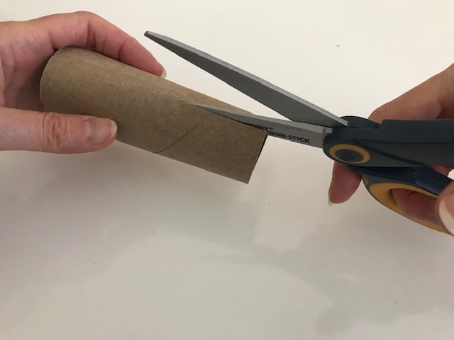 The empty toilet paper tube will be the tree trunk, so be sure to cut the slits across from each other, one on each side which is where the tree top will be inserted.