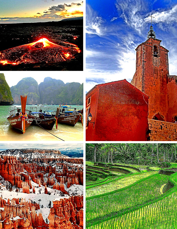 Clockwise from top left: Kilauea lava flow in Kalapana, Hawaii; historic clock tower of Roussillon village, Provence, France; Tegalalang rice terrace in Bali, Indonesia; winter at Bryce Canyon National Park, Utah; Koh Phi Phi Island, Thailand.