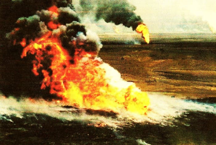 The Persian Gulf War Aug/90-Feb/91 resulted after Iraq invaded Kuwait. Retreating Iraqi forces set fire to oil wells. Cost of this war was $US 60 billion, but $40 billion paid by Saudi Arabia