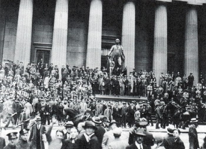 Dazed investors gather outside the New York Stock Exchange following "Black Thursday," October 24. The stock market crash of 1929 was the worst financial upset in U. S. History.