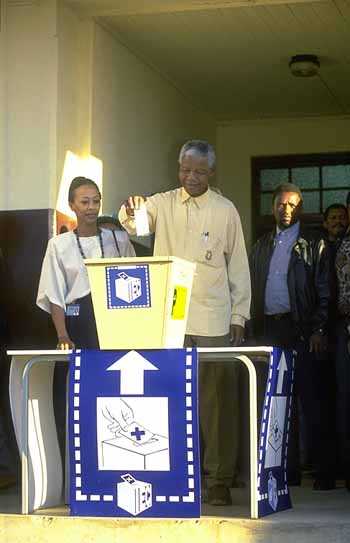 Nelson Mandela casting his vote for the first African government in south Africa of which he became its first ever African President after 27 years in Robben Island Prison.