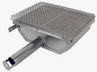 This image shows the infrared burner design. The stainless venturi continues as a pipe burner into the casing. Ceramic tiles filled with thousands of tiny flames heat all together.
