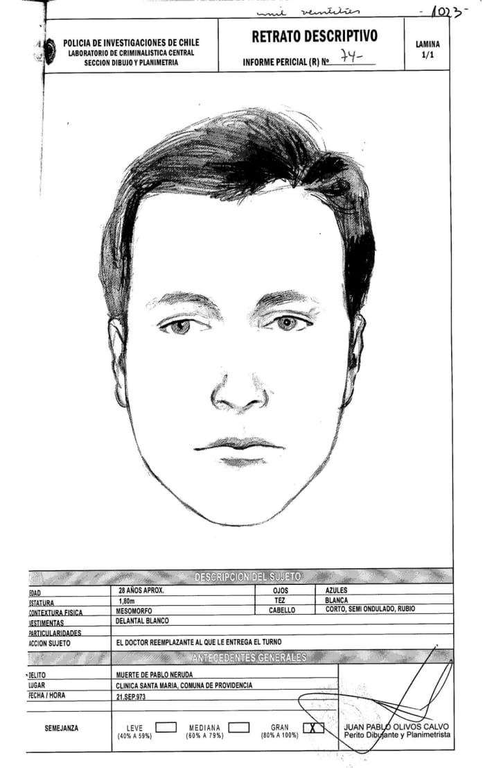 Dr. Draper changed his testimony. He gave this sketch of the CIA agent who posed as a doctor to give Pablo Neruda the deadly injection. He looks very familiar and I know him to be in Texas.