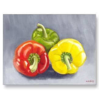 Print of a still-life painting of red, green and yellow bell peppers. Painting by Nicolette Amanda Berry
