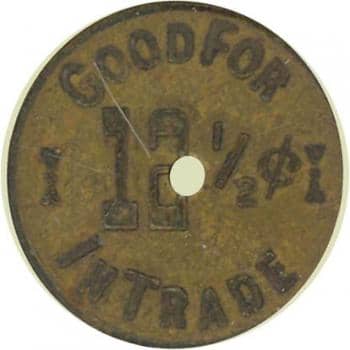 These two images show two sides of a saloon token from Chloride, Arizona, now a ghost town near Kingman. The token has a tender value of 12 1/2 cents, or one bit. Usually, that was worth one drink. Image courtesy Holabird-Kagin Americana, used with p