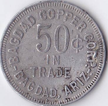 This is not a saloon token, but is a territorial trade token issued by a copper mine settlement in Bagdad Arizona. Image copyright Linda Lantin.