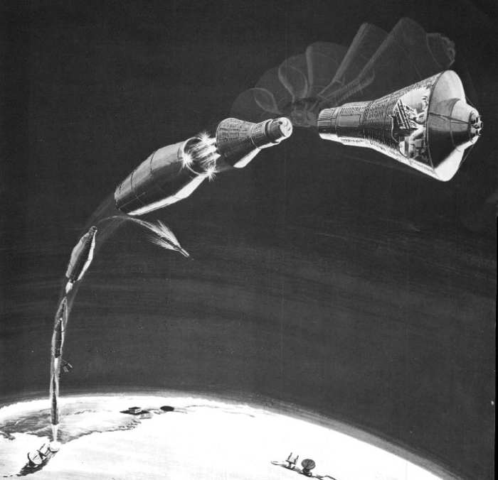 Artist's conception of the Mercury capsule turning over, making the forebody the front of the spacecraft. Image courtesy of NASA.