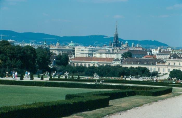 The spire of St. Stephens and the historic center of Vienna from the grounds of the Belvidere palace.