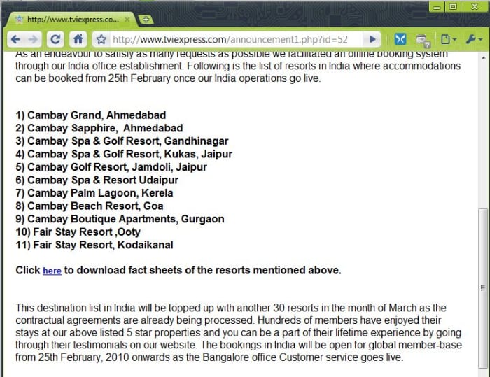 TVI Express promises 11 resorts in India, plus maybe another 30 unnamed (also in India), no promise about rest of the world!