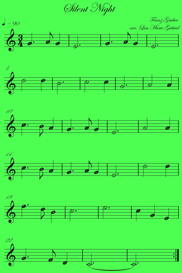 This is the music to play Silent Night on any melody instruiment and there is time to practise. Feel free to download or print this image for personal use.