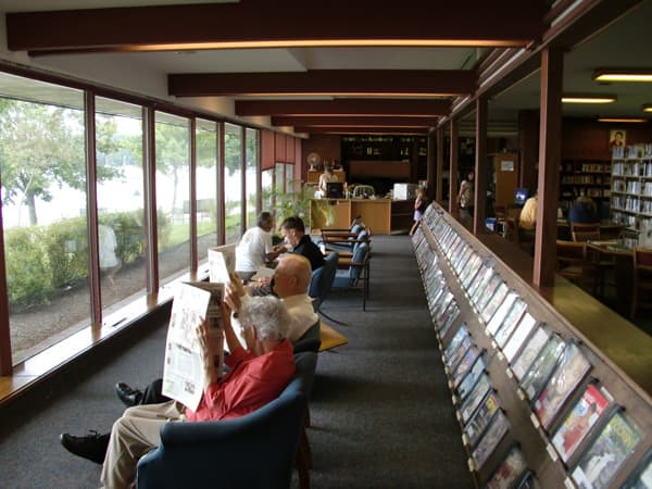 Interior of the Lake Geneva library - overlooking the clear blue waters of Geneva Lake.