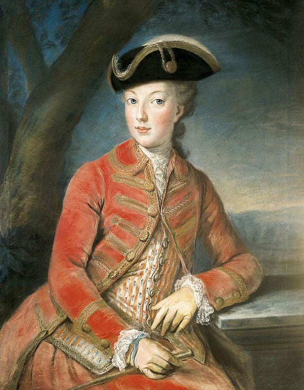 Archduchess Maria Antonia of Austria (later Queen Marie Antoinette of France), aged 16, in hunting outfit with tricorn hat. Portrait by Joseph Kreutzinger, 1771.