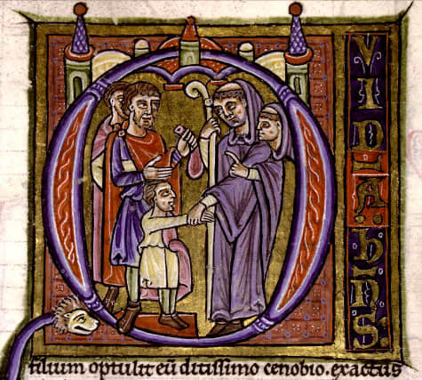 A 12th century illustration of an abbot practicing simony, a common practice in the Middle Ages.