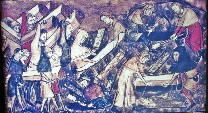 A contemporary manuscript shows victims being buried in Tourmai. Presumably this is near the beginning of the outbreak; later there were not enough survivors to property bury the dead, they were simply thrown into plague pits.