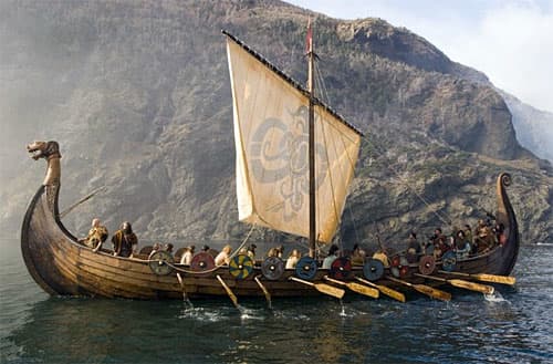 Leif Eiriksson, 'the Lucky', nears the mouth of the Saint Lawrence where a landing is made on 'Vinland', land of wild vines and wheat