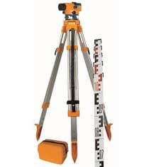 This is one of the many surveyors level, a trained person can do many things with this instrument, it comes with an extending rod and it requires two people to use and mark the levels for the bricklayer.