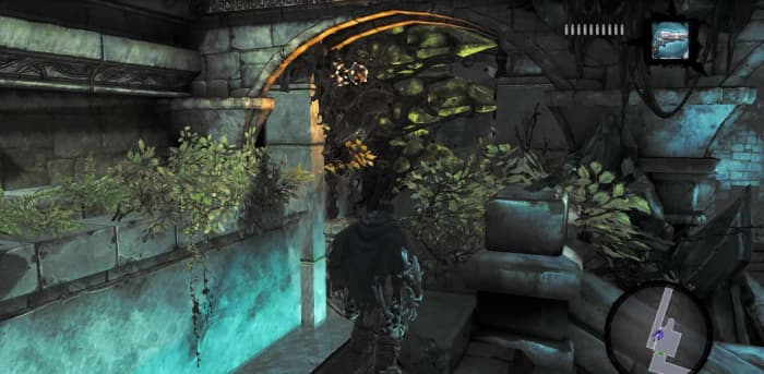 In Darksiders 2, after finding the lever, the hero must use Redemption to free and then activate the lever.