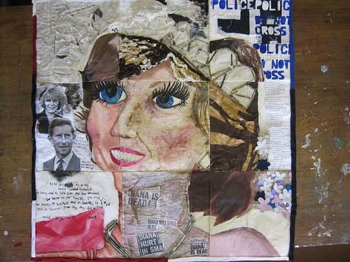 Princess Diana Story Quilt uses applique, photo transfer, fabric marker, thread painting, and embroidery to tell its story.