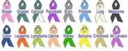 Cancer awareness ribbon color chart - GOLD should also be there as it is the color for childhood cancer - Hubbard Ohio Gift Shop helps out by fundraising to be able to donate gift baskets to local events.
