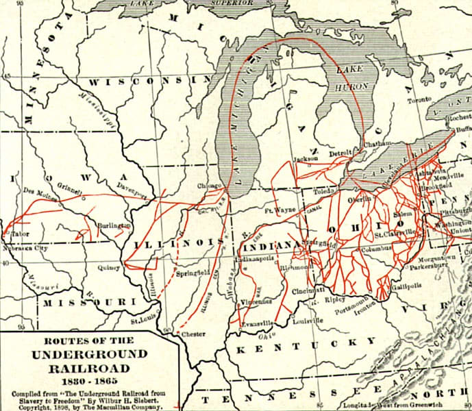 Routes of the Underground Railroad in and out of Ohio. Notice Oberlin on Lake Erie.