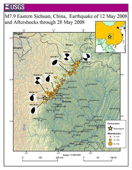 Location and magnitude of aftershocks of the 2008 Sichuan earthquake, through to May 28th 2008
