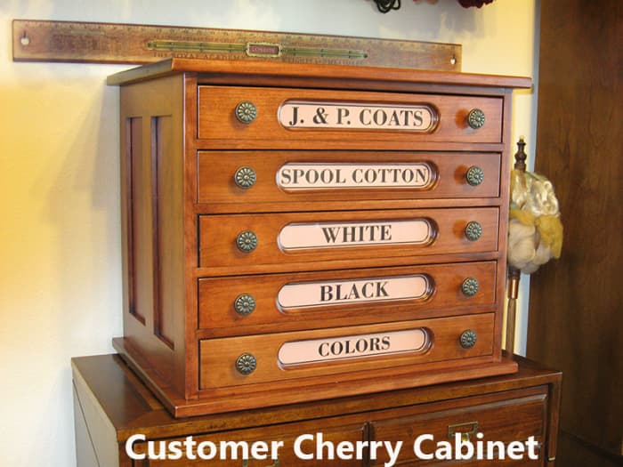 The J & P Coats reproduction spool cabinet from Cottage Craft Works has also become a popular sewing room cabinet.