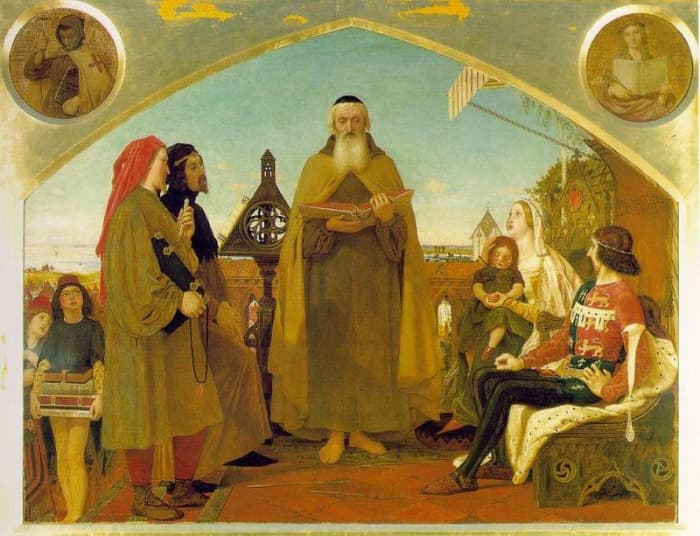 "JOHN WYCLIFFE READING HIS TRANSLATION OF THE BIBLE TO JOHN OF GAUNT" AS PAINTED IN 1861 BY FORD MADOX BROWN