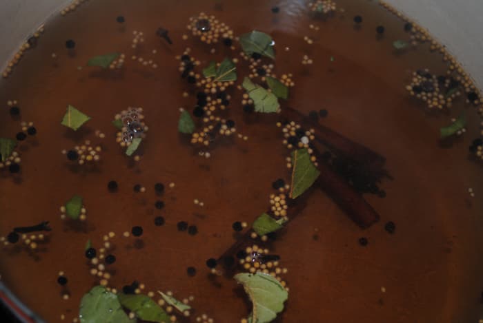 Brine ingredients. Simply combine the ingredients, bring to a boil, and chill. Make sure your brine is cold before adding it to your trimmed brisket.