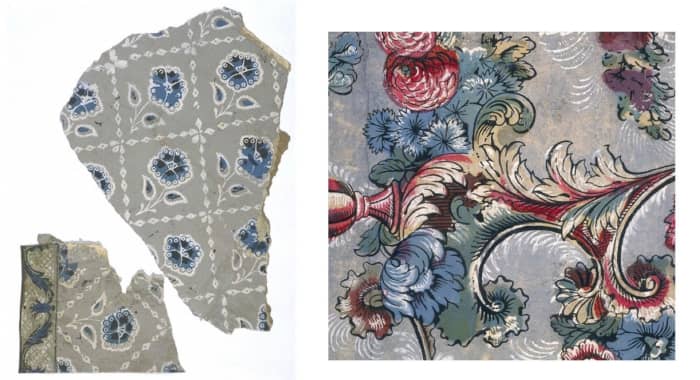 Left: Wood Block Printed Wallpaper with Border. Fragment dates to 1730. Right: Detail of Block Printed Wallpaper from 1755.