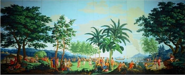 10 of 20 panels of the woodblock printed paper “Sauvages de a Mer Pacifique,” designed by Jean-Gabriel Charvet and manufactured by Joseph Dufour