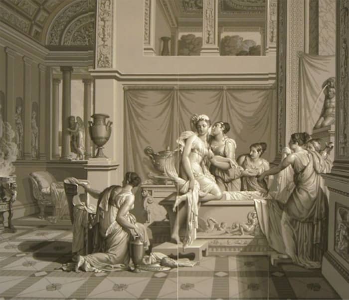 Two of 26 panels of Joseph Dufour's 1815 "Psyche and Cupid" which was printed in the Grisaille style with 1,500 individual blocks