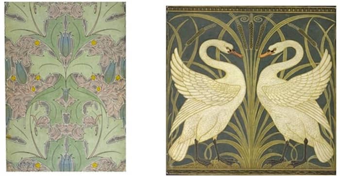 Left: Voysey Machine Print with Mica c. 1899. Right: Walter Crane Border Design with Swans and Reeds c. 1875