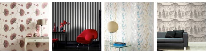 Contemporary wallcoverings: Charm, a graphic floral in purple, Ticking Stripe in charcoal and white, Berries in teal, gold, and silver, and mirage in grey. All available at