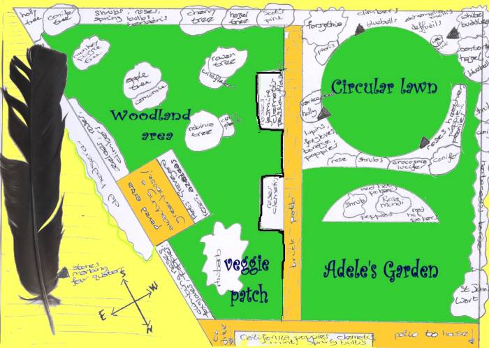 Not to scale and cheerfully low-tech, this map offers a serviceable layout of Adele's garden. All the shrubs are underplanted with bulbs, wildflowers and ground-covering plants.