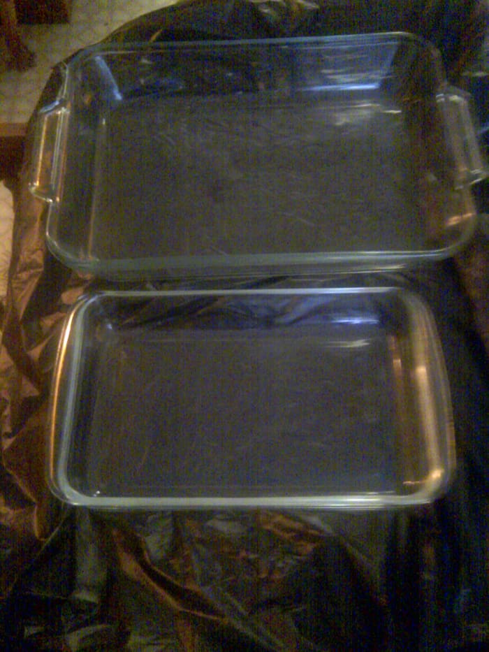 The larger 9x13x2 in the back is the one you use with this recipe. If you opt to use the smaller 11x7x11/2in. Just cut the recipe in half!