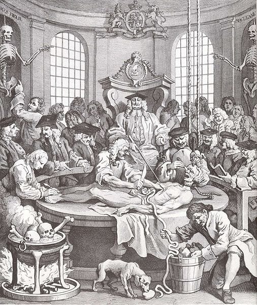 William Hogarth's The Reward of Cruelty. In the 18th century the bodies of criminals were dissected and used for medical research. Photo courtesy of wikimedia.org.
