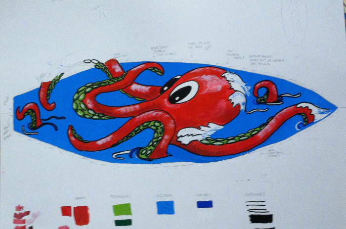 I created a larger working drawing and painted it using the Molotow paints that I planned to use for the surfboard. Note that I changed the center arm here.