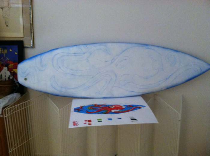 I used blue chalk to draw the design onto the board. Note that the back of the board has already been sprayed with ground (blue.)