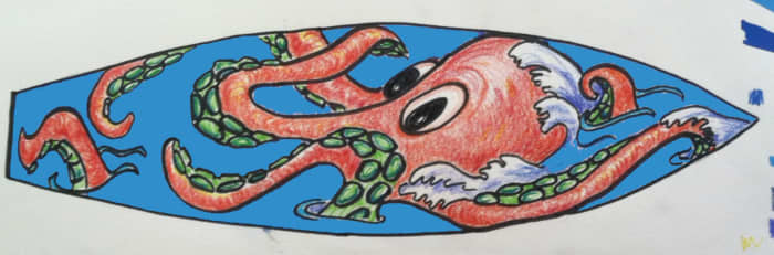 Color pencil sketch helps visualize how the art will come together. Note that I changed the orientation of the board here. This sketch is also to-scale.