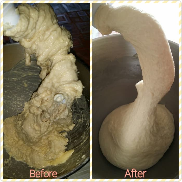 Get from this wet, sticky, formless mass (left photo) when the dough is still being integrated with the butter, to this smooth, tight, structured dough of paler color (right photo)!